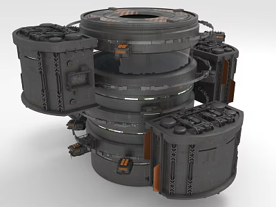 Futuristic Circular Building Featuring Multi Layered Ring Shaped Metal Structure And Mechanical Panels 3d model