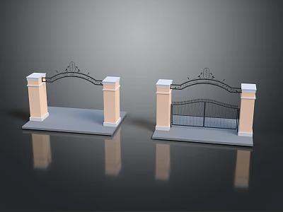 Decorative Gate Models With Light Colored Pillars Arched Tops And Black Metal Gates 3d model