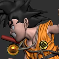 Two Anime Character Statues in Jumping Pose with Orange Clothing Black Hair Holding Red Staff