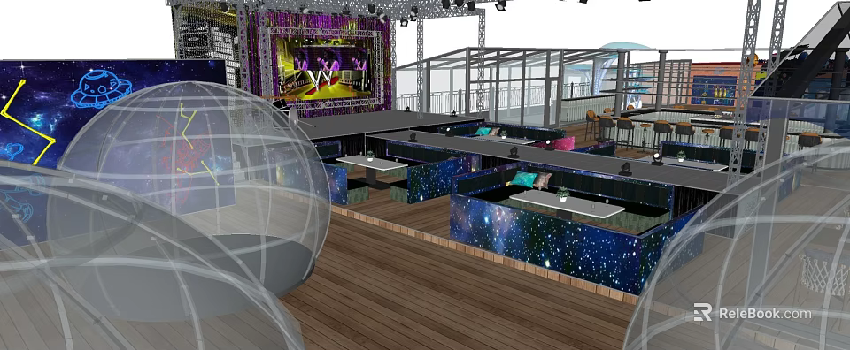 Starry Sky Themed Restaurant With Stage Glass Roof Open Space And Wooden Flooring 3d model 
