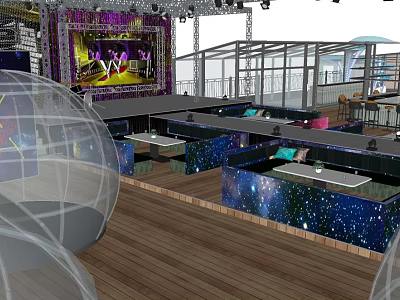 Starry Sky Themed Restaurant With Stage Glass Roof Open Space And Wooden Flooring 3d model