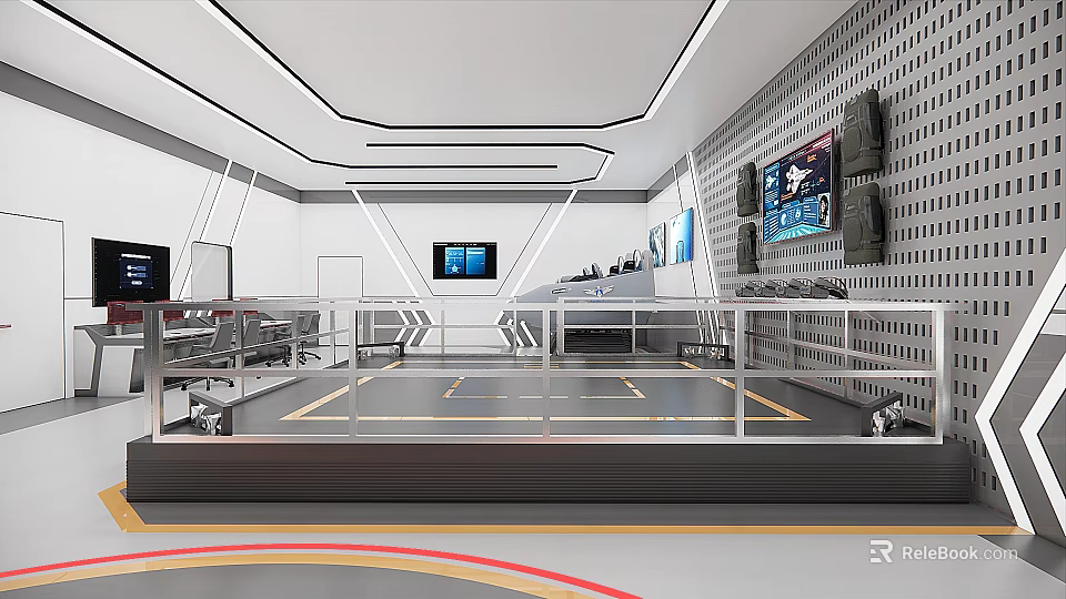 Modern Control Room Interior With Multiple Screens Metal Railings And Lighting 3d model 