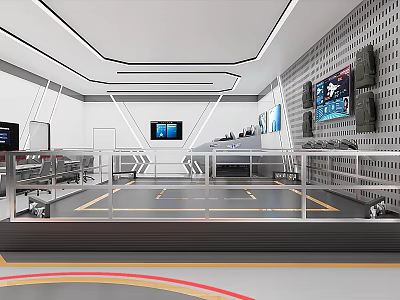 Modern Control Room Interior With Multiple Screens Metal Railings And Lighting 3d model