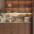 Wooden Sideboard with Glass Door Display Shelves Built-in Lighting and Vase with Flowers