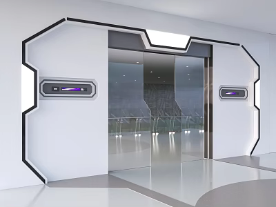 Futuristic Glass Double Doors With White Black Frame Tech Panels Purple Lights Bright Smooth Floor 3d model