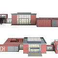 Modern Container Building Design With Glass Windows Red Gray Containers And Tower Structure 3d model