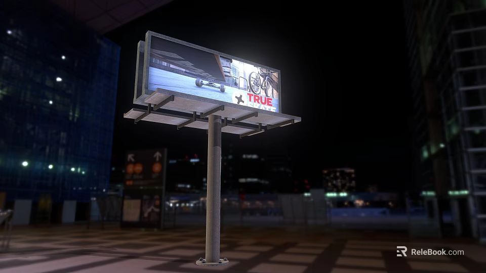 Outdoor Billboard Showing Advertisement At Night With Illuminated TRUE Text And City Background 3d model 