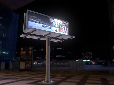 Outdoor Billboard Showing Advertisement At Night With Illuminated TRUE Text And City Background 3d model