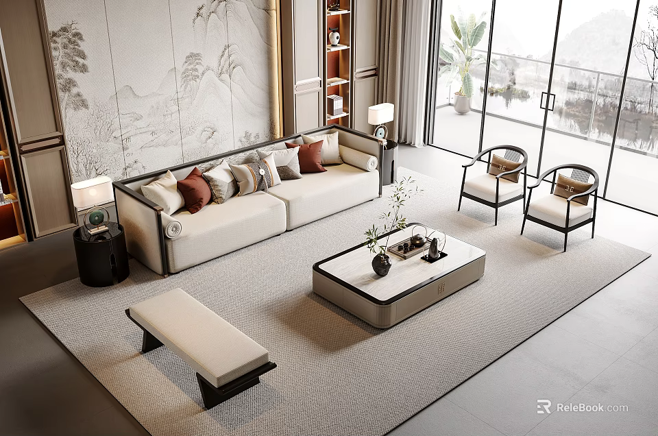 Modern Living Room Sofa And Coffee Table Set With Throw Pillows And Accent Chairs 3d model 