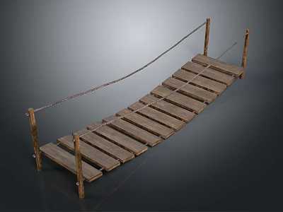 Rustic Wooden Footbridge With Simple Design Planks Posts And Rope Railings 3d model