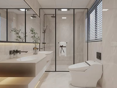 Modern Bathroom Interior With Glass Shower White Vanity Mirror Blinds Plants And Stone Tiles 3d model
