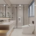Modern Bathroom Interior With Glass Shower White Vanity Mirror Blinds Plants And Stone Tiles