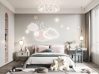 Cozy Kids Room Interior With Cloud Moon Star Decorations Chandelier And Teddy Bears 3d model