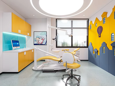 Bright Dental Clinic Interior With Dental Chair And Cartoon Decor 3d model