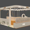 Jewelry Exhibition Booth With White Wooden Structure Display Shelves Counter And Green Plants