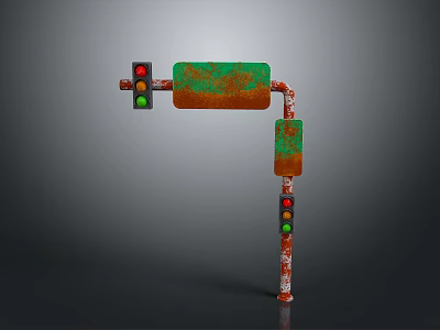 Rusted Traffic Light Structure With Multiple Signal Lights And Metal Support Pole 3d model
