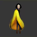 Woman With Short Black Hair In Black Top On Yellow Fluffy Object Purple Circular Platform