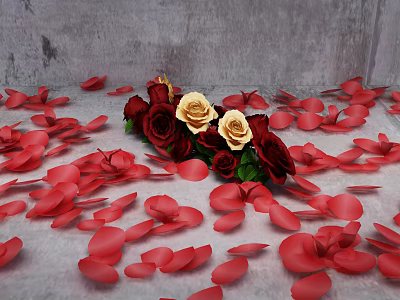 Red And Yellow Roses With Scattered Red Petals On Gray Background 3d model