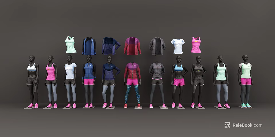 Models In Colorful Athletic Wear Featuring Tank Tops Jackets And Shorts 3d model 