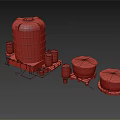 Blue Water Storage Tanks In Various Sizes With Stands And Pipes Setup 3d model