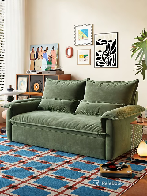 Green Velvet Multi Seater Sofa With Decorative Paintings Cushions And Colorful Rug 3d model 