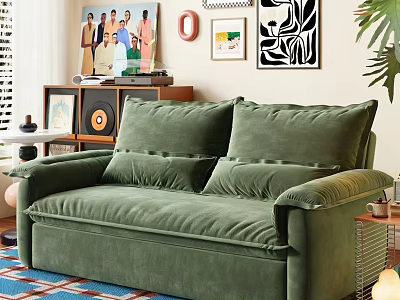 Green Velvet Multi Seater Sofa With Decorative Paintings Cushions And Colorful Rug 3d model