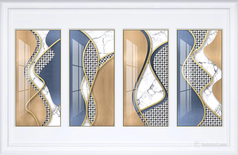 Modern Decorative Paintings With Geometric Patterns Marble Texture And Wavy Designs 3d model