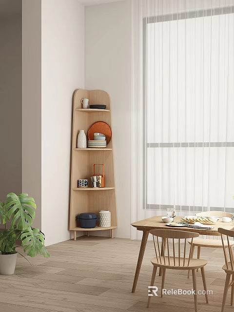 Wooden Corner Shelf with Plates Bowls Cups Storage Jars near Table Plant in Modern Interior 3d model 