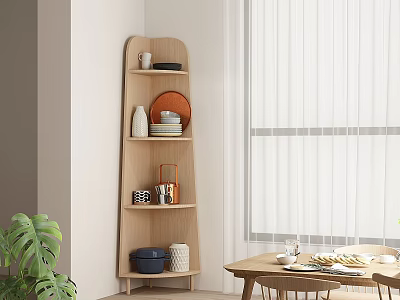 Wooden Corner Shelf with Plates Bowls Cups Storage Jars near Table Plant in Modern Interior 3d model