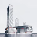 Modern Commercial Complex with Tall Glass Facades Shopping Mall and Office Towers in Urban Skyline