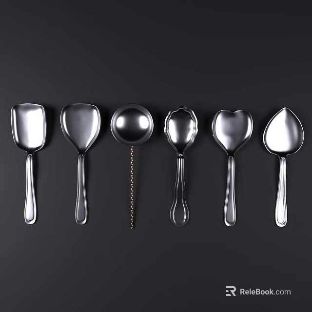 Silver Stainless Steel Utensil Set With Various Shaped Spoons For Kitchen Use 3d model 