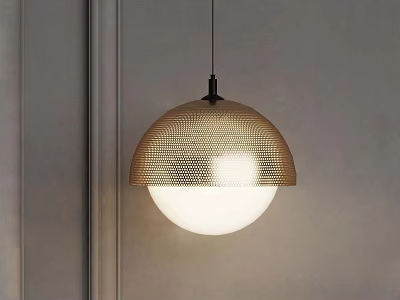 Modern Hemispherical Pendant Light With Perforated Metal Shade And White Globe Bulb 3d model