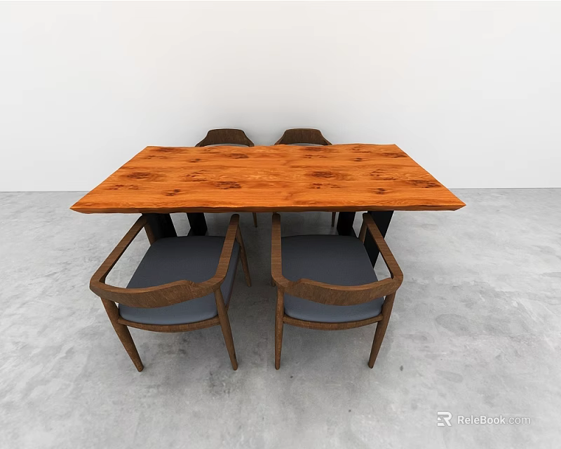 Wooden Dining Table Set With Four Gray Padded Chairs In Simple Design 3d model