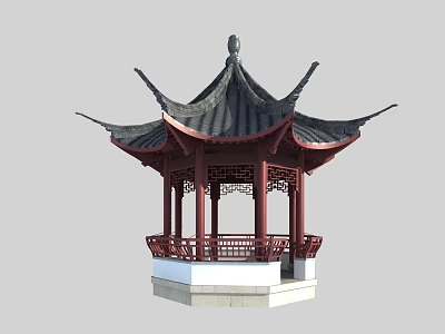 Traditional Chinese Garden Pavilion with Curved Eaves Black Roof Red Pillars and Carved Railings 3d model