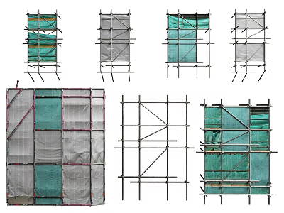 Different Types of Scaffolding Structures with Green Gray Mesh and Protective Covers 3d model