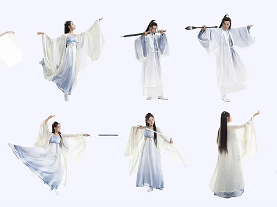 Group of Women in Blue and White Flowing Traditional Costumes Dancing and Holding Musical Instruments 3d model