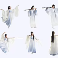 Group of Women in Blue and White Flowing Traditional Costumes Dancing and Holding Musical Instruments