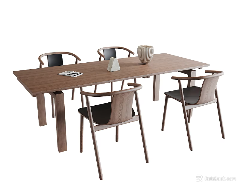 Modern Rectangular Wooden Dining Table Set With Four Dark Seated Chairs And Decorative Items 3d model