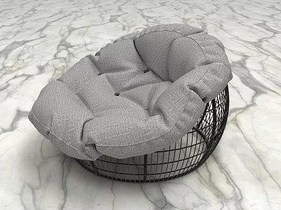 Round Gray Fabric Single Seater Sofa With Black Metal Wire Frame On Marble Floor 3d model
