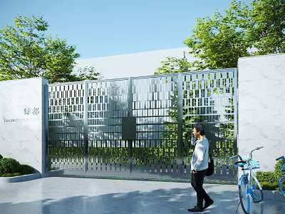 Modern Metal Entrance Gate With Laser Cut Pattern And Greenery In Residential Area 3d model