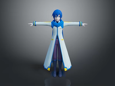 Blue Haired Game Movie Character 3D Model With Blue White Coat Purple Pants Arms Outstretched 3d model