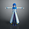 Blue Haired Game Movie Character 3D Model With Blue White Coat Purple Pants Arms Outstretched