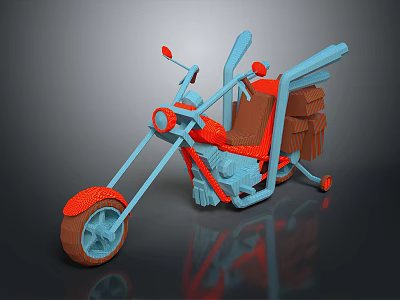3D Model Red And Blue Custom Motorcycle With Long Handlebars And Unique Seat 3d model