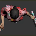 Japanese Woman In Pink Kimono With Red Patterns And Hair Accessory Holding Small Bag