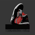 Stylish High Top Sneakers In Black White Red With Patterned Sole On Textured Display Stand