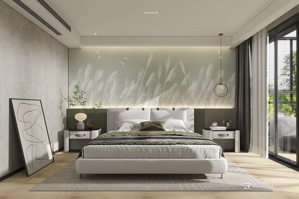 Modern Bedroom Interior With White Bed Nightstands Area Rug And Grass Pattern Headboard Wall 3d model 