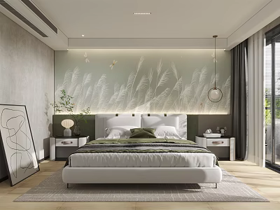 Modern Bedroom Interior With White Bed Nightstands Area Rug And Grass Pattern Headboard Wall 3d model