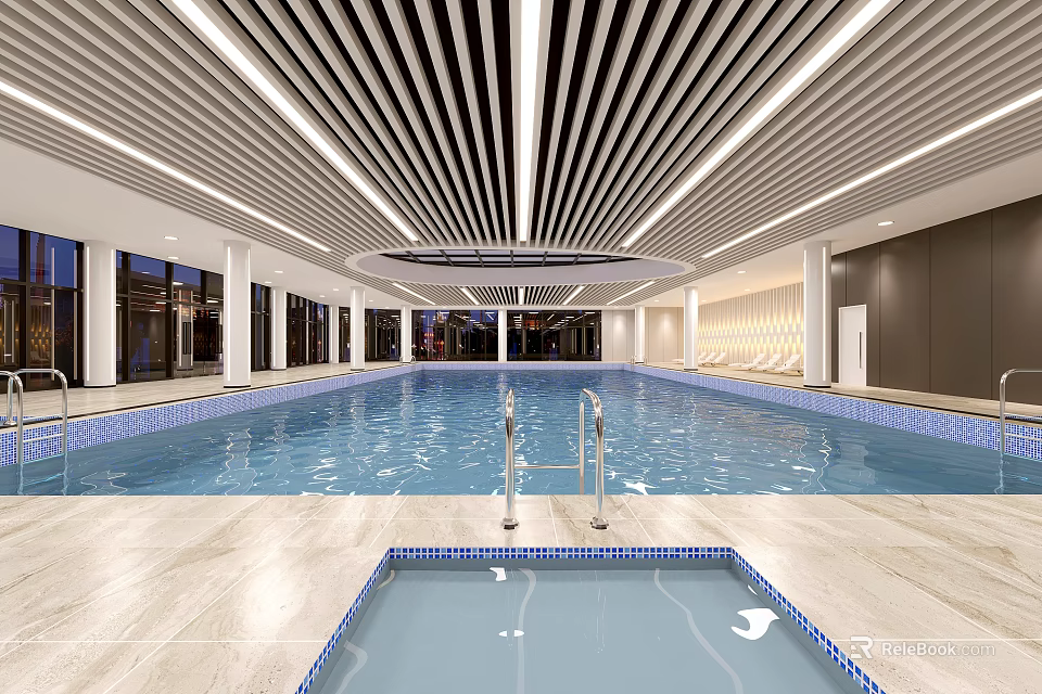 Modern Indoor Swimming Pool Interior Design With Stylish Ceiling Lighting And Poolside Lounge Chairs 3d model 