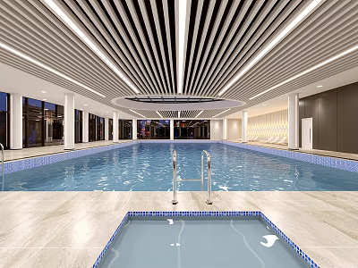 Modern Indoor Swimming Pool Interior Design With Stylish Ceiling Lighting And Poolside Lounge Chairs 3d model