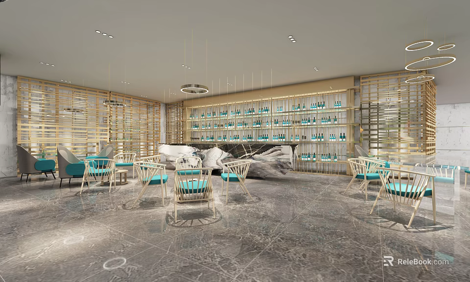 Elegant Hotel Public Lounge Area With Hanging Chandeliers Bookshelves And Marble Floor 3d model 